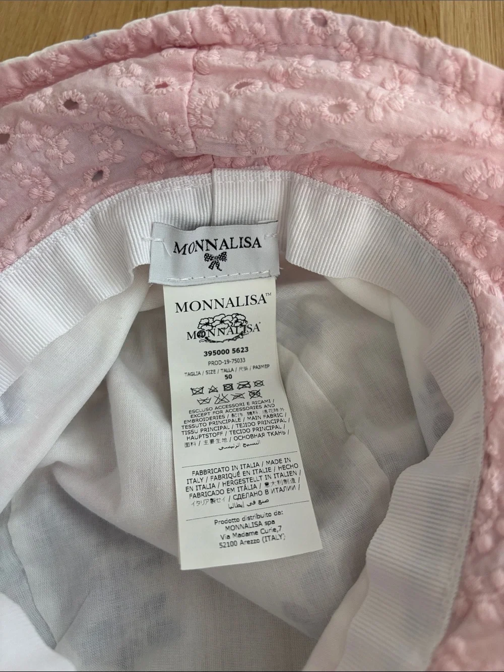 MonnaLisa Blue & White Floral Sun Hat with Pink Eyelet Trim & Pink Bow